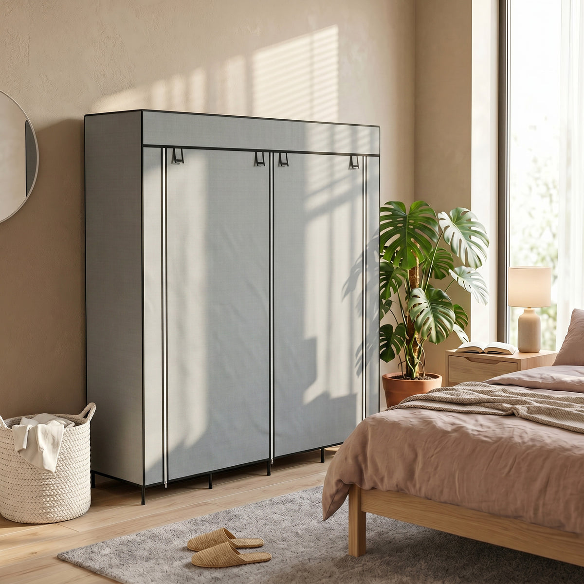 Stoffkleiderschrank mit Fächern und Kleiderstange