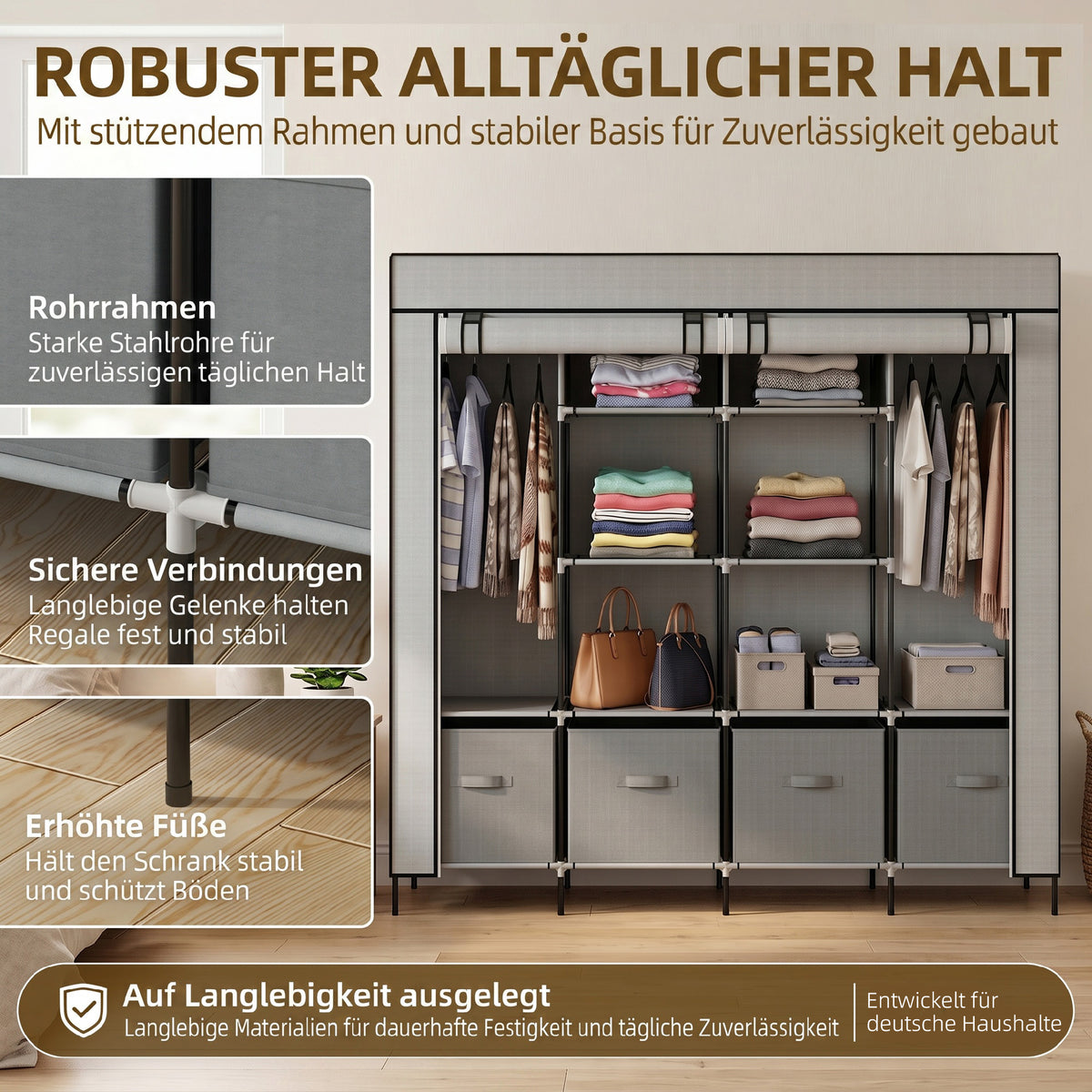 Stoffkleiderschrank mit Fächern und Kleiderstange