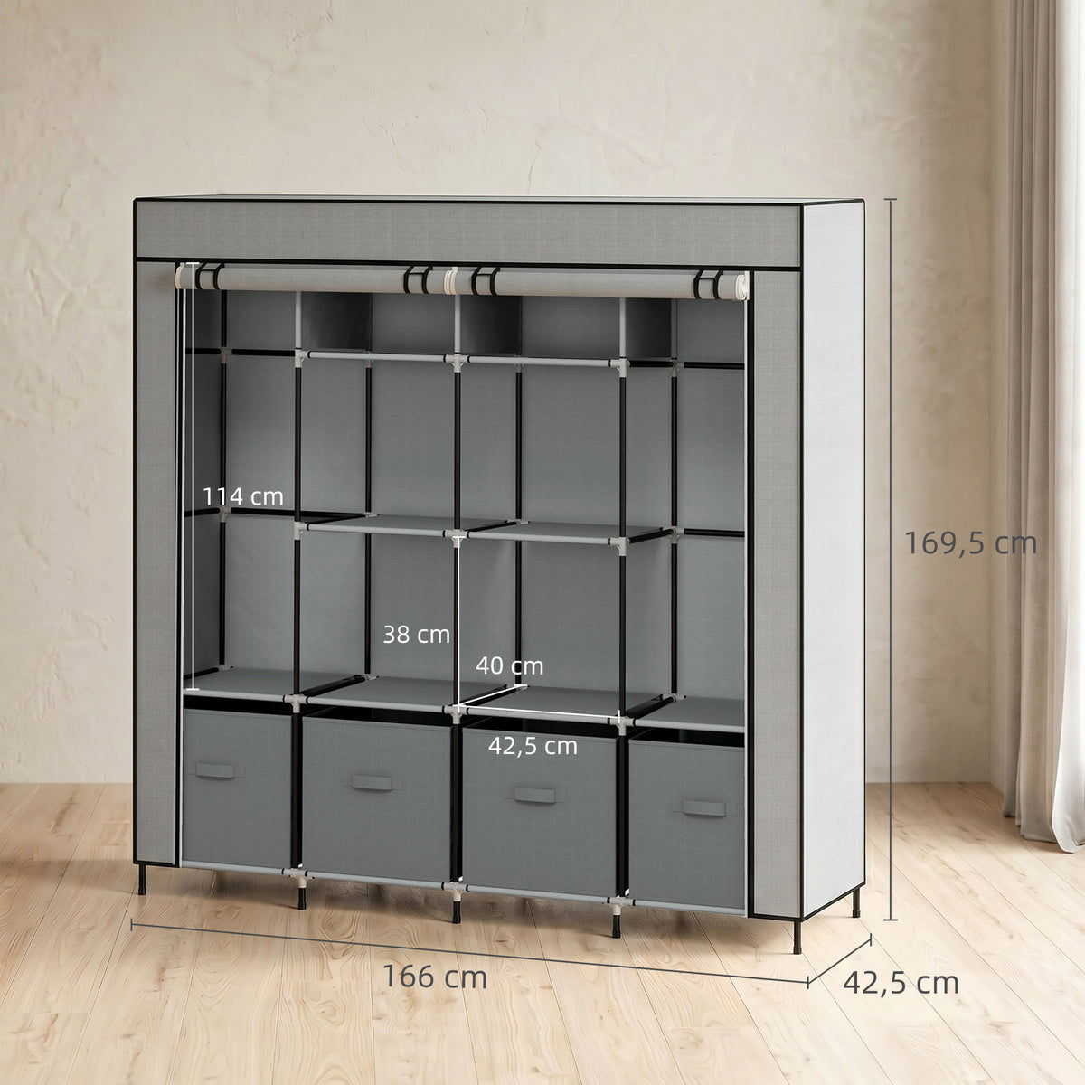 Stoffkleiderschrank mit Fächern und Kleiderstange