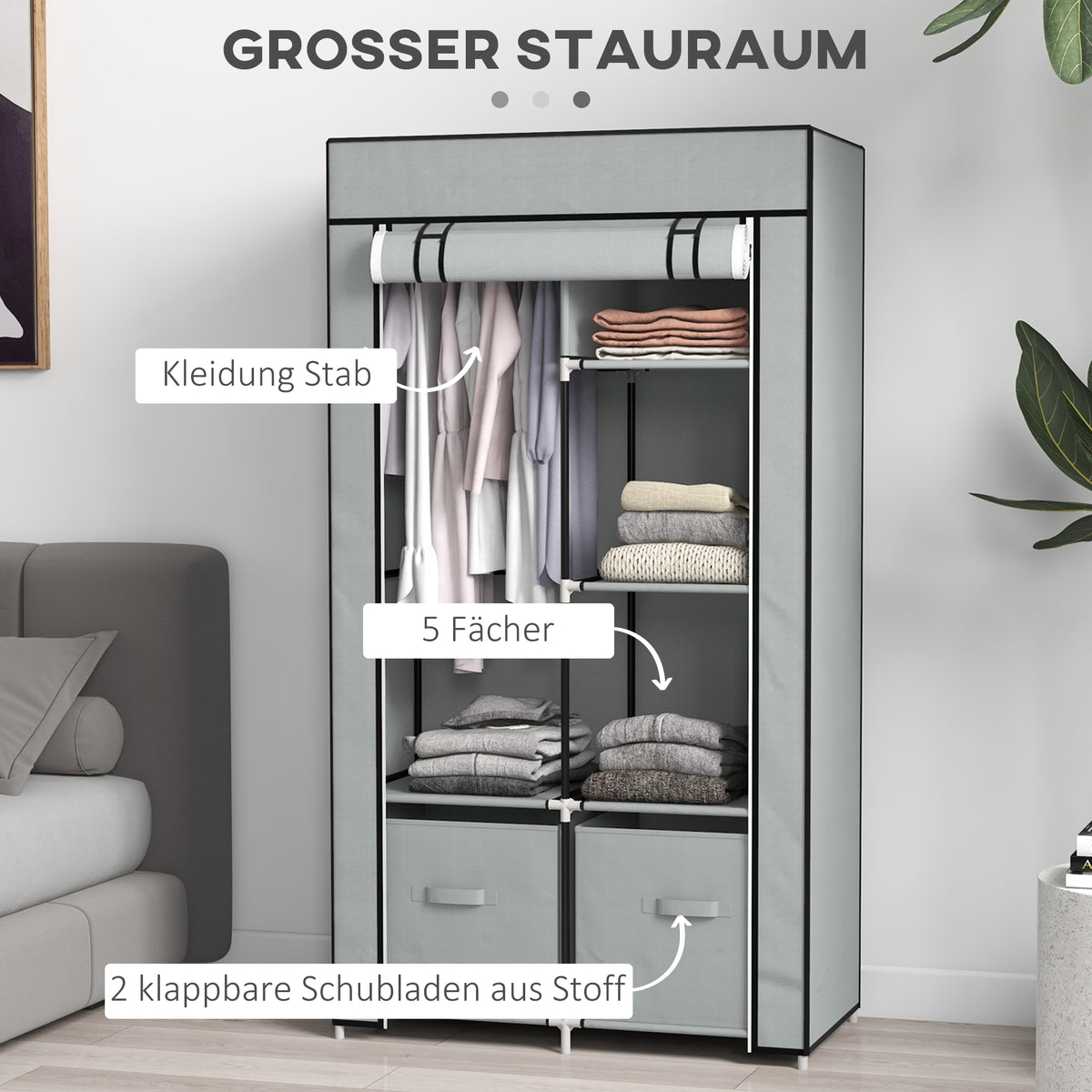 Stoffkleiderschrank mit Fächern und Kleiderstange