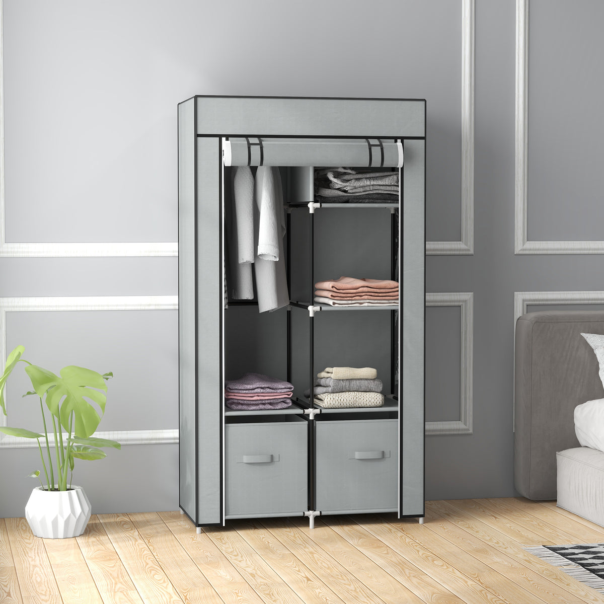 Stoffkleiderschrank mit Fächern und Kleiderstange