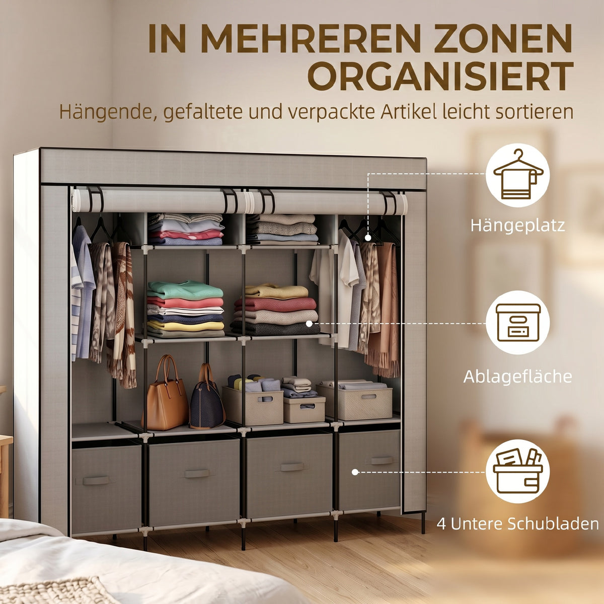 Stoffkleiderschrank mit Fächern und Kleiderstange