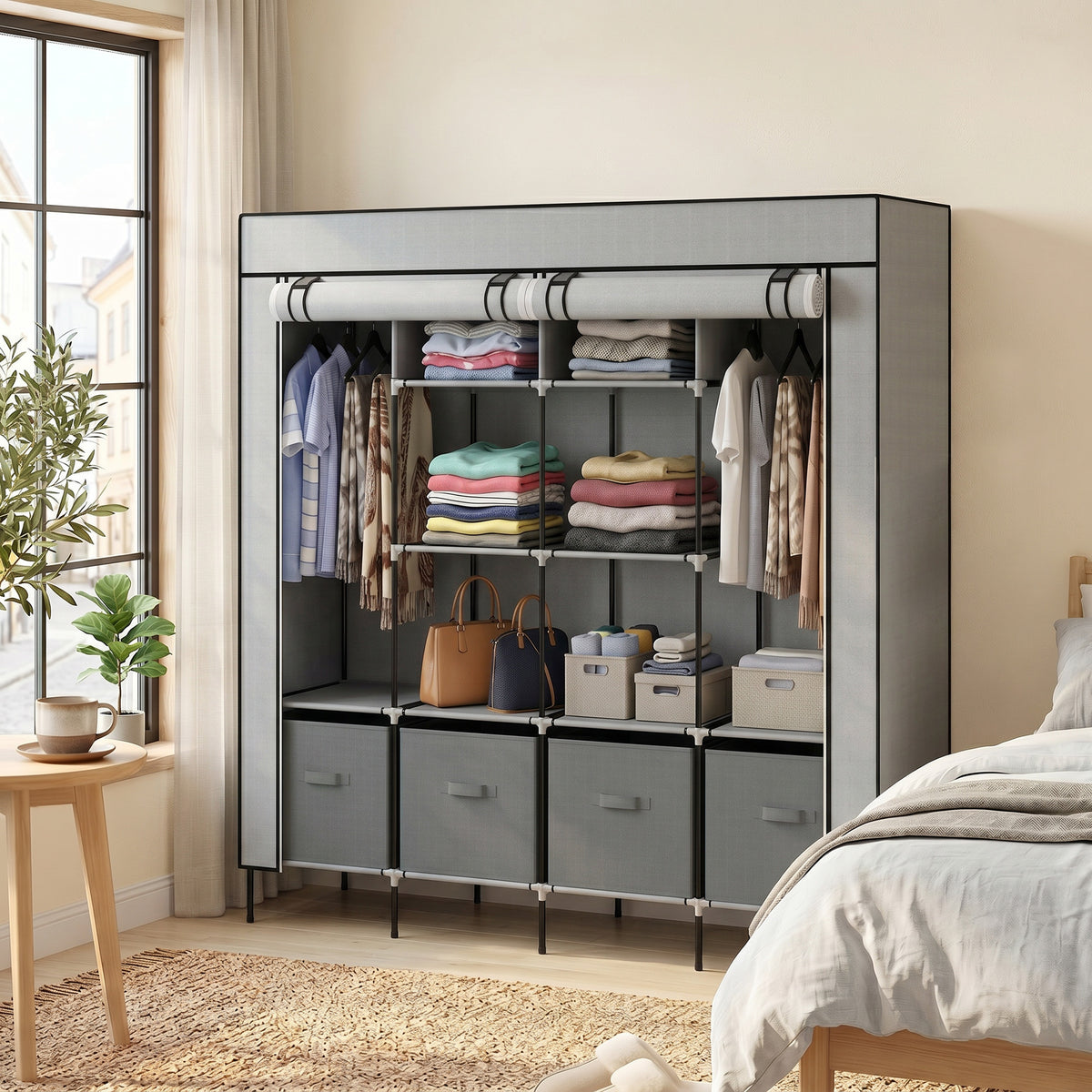 Stoffkleiderschrank mit Fächern und Kleiderstange