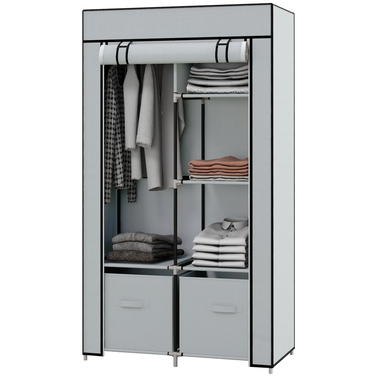 Stoffkleiderschrank mit Fächern und Kleiderstange