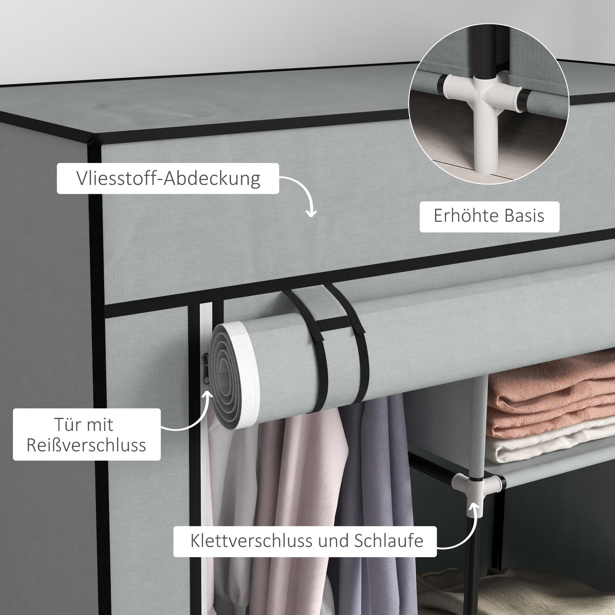 Stoffkleiderschrank mit Fächern und Kleiderstange