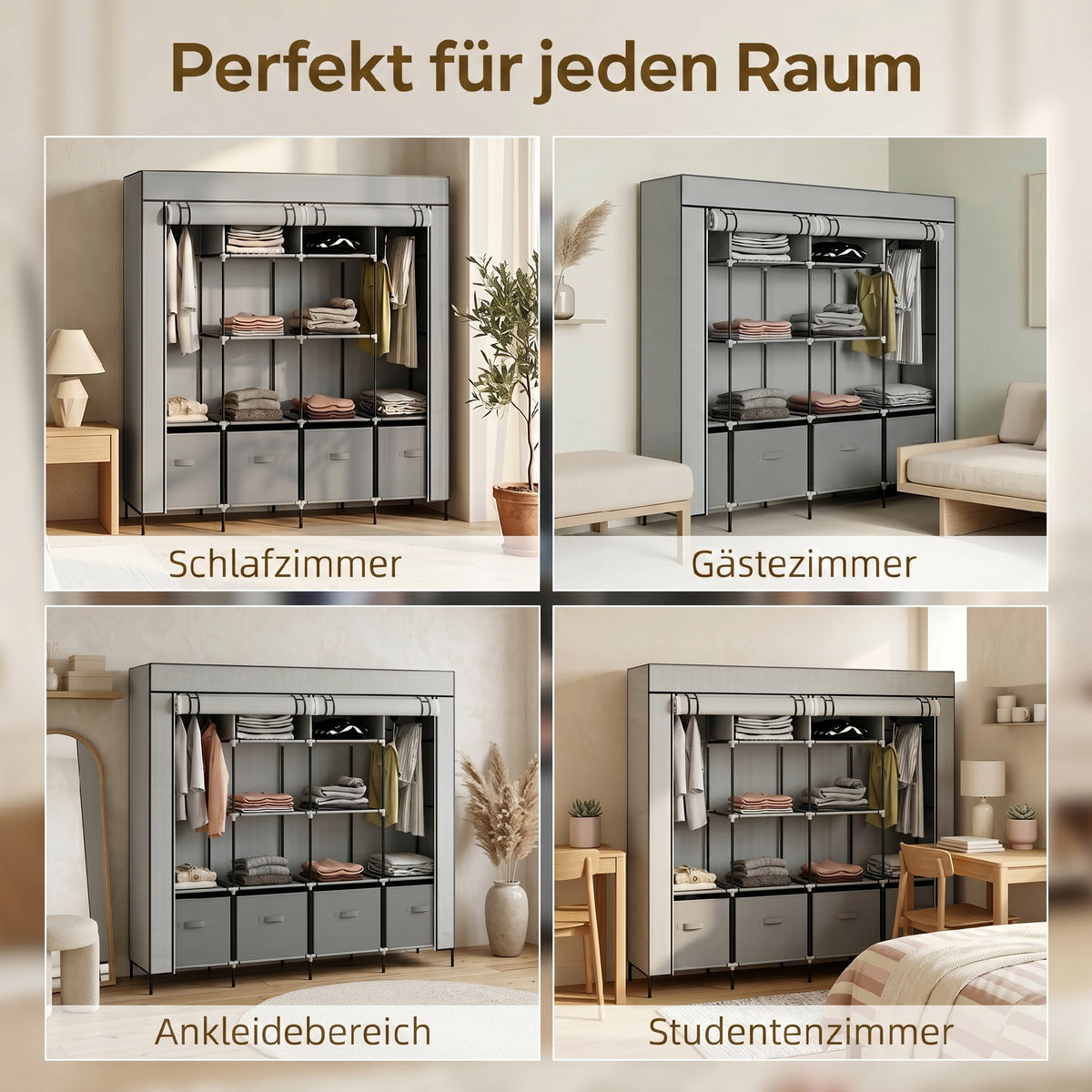 Stoffkleiderschrank mit Fächern und Kleiderstange