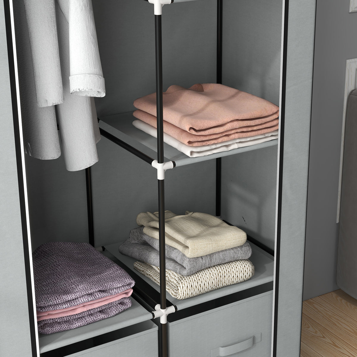 Stoffkleiderschrank mit Fächern und Kleiderstange