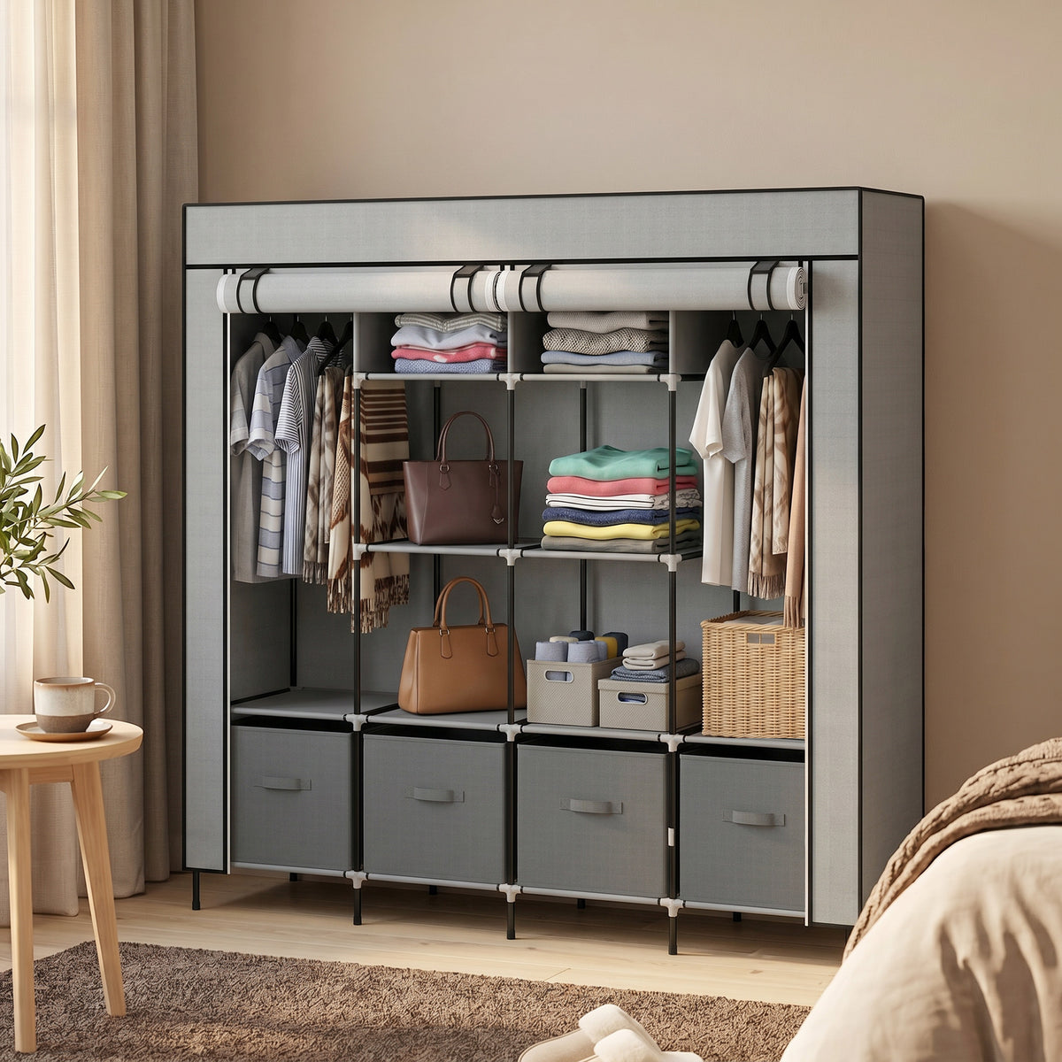 Stoffkleiderschrank mit Fächern und Kleiderstange
