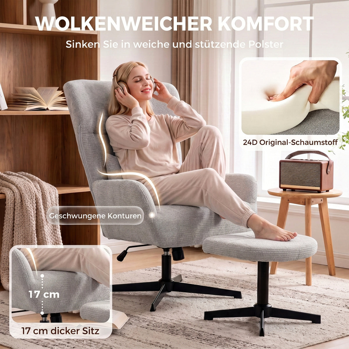 Drehbarer Relaxsessel mit Hocker und Lendenkissen