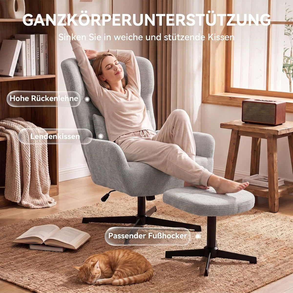 Drehbarer Relaxsessel mit Hocker und Lendenkissen