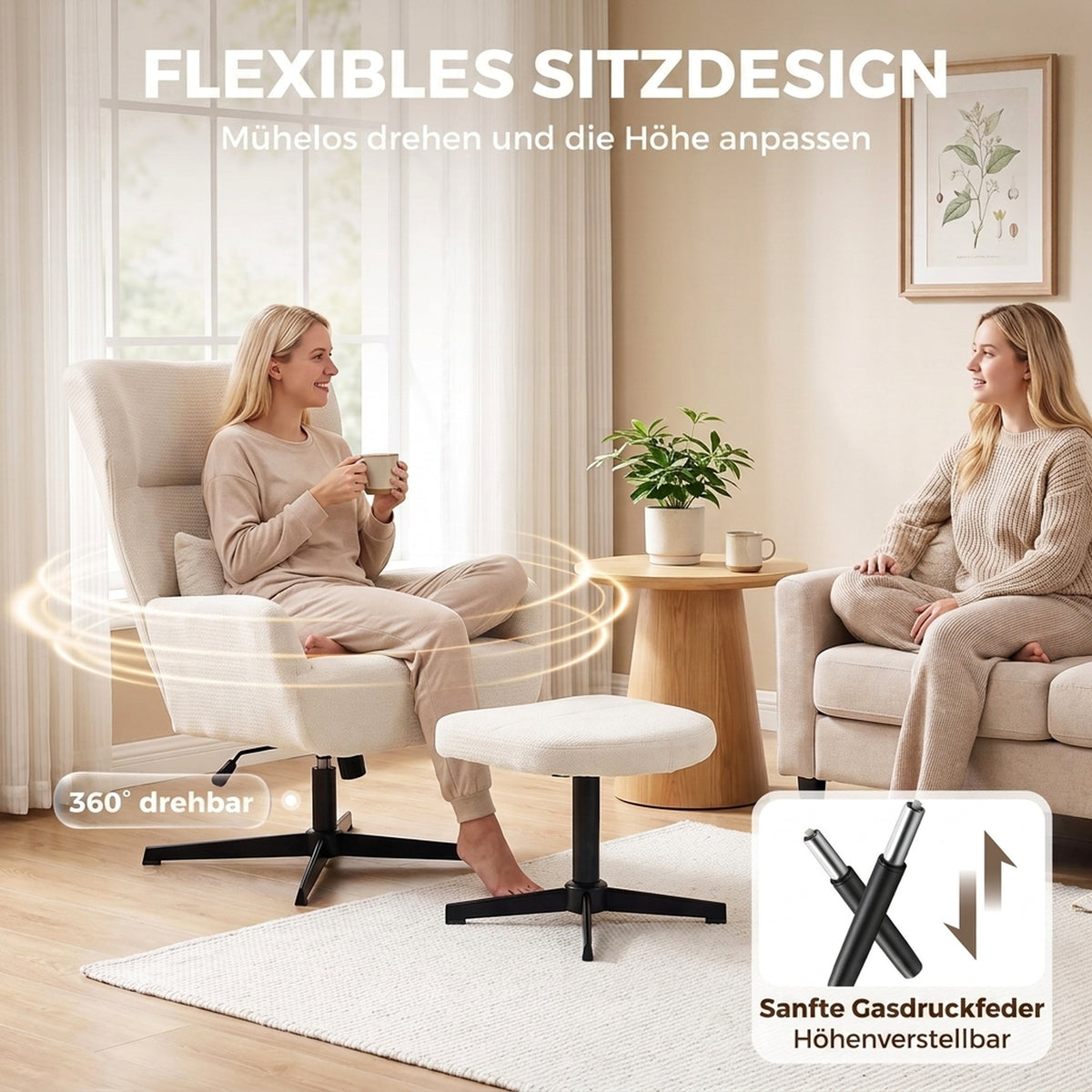 Drehbarer Relaxsessel mit Hocker und Lendenkissen