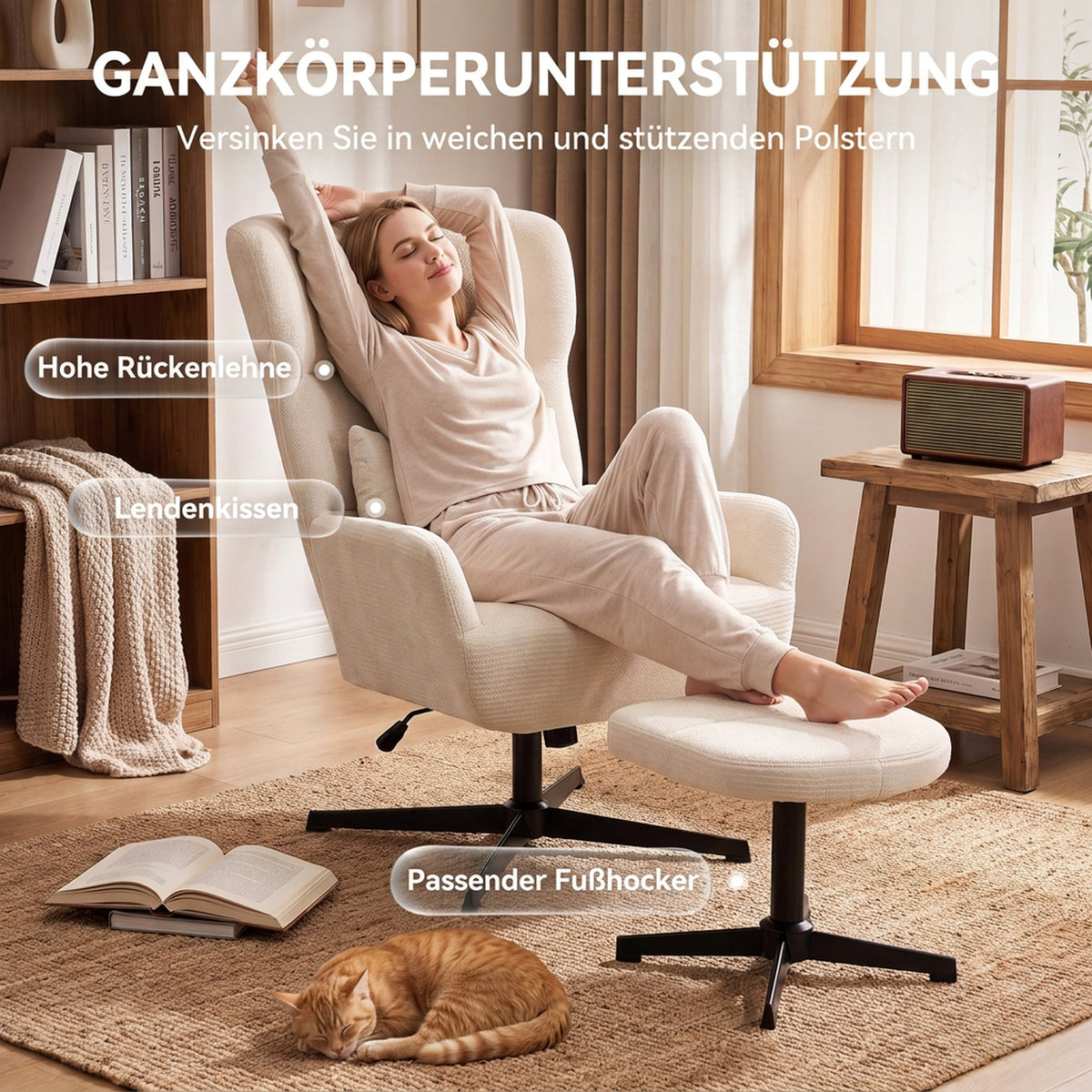 Drehbarer Relaxsessel mit Hocker und Lendenkissen