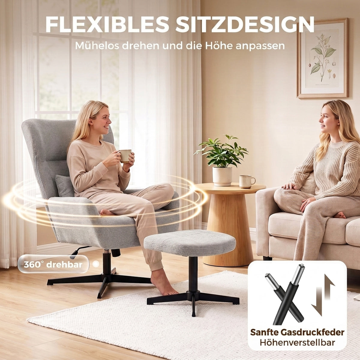 Drehbarer Relaxsessel mit Hocker und Lendenkissen