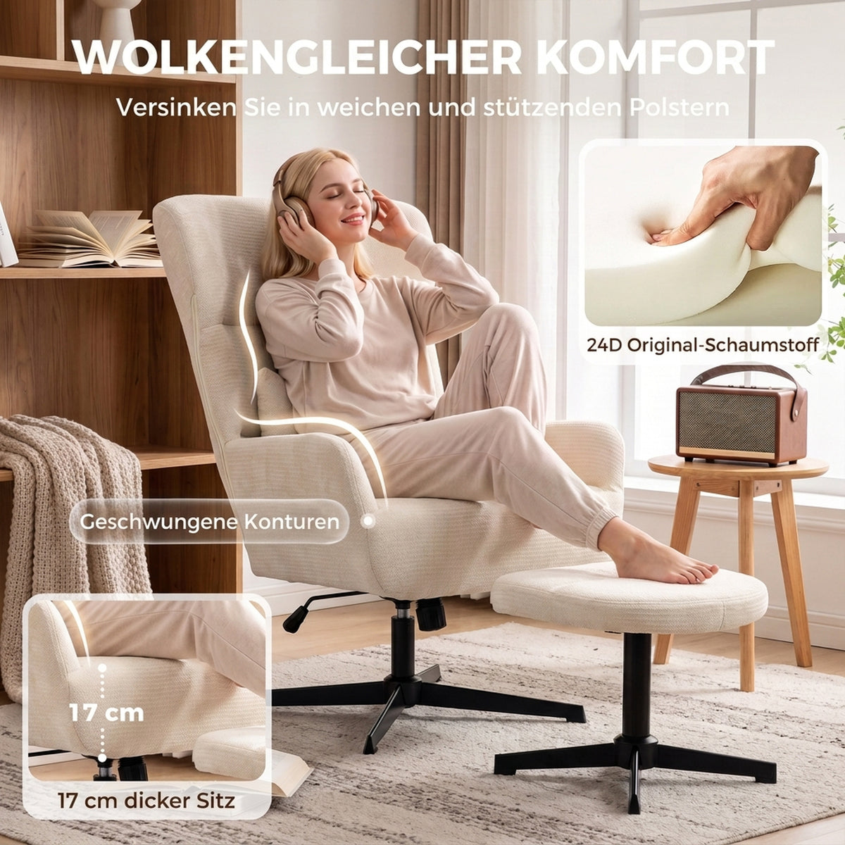 Drehbarer Relaxsessel mit Hocker und Lendenkissen