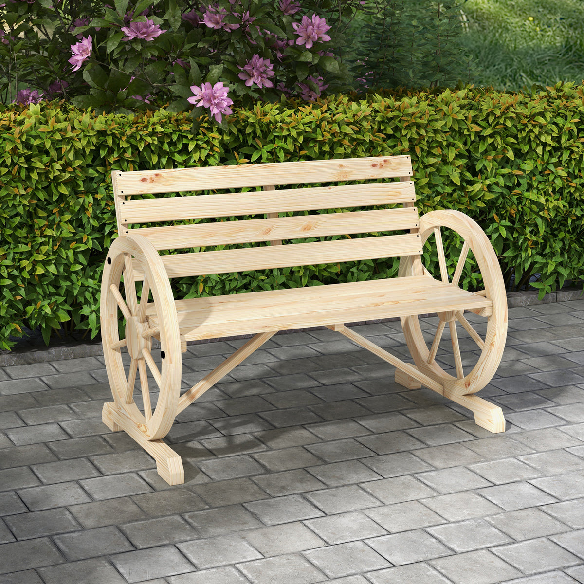 Gartenbank aus Tannenholz im Wagenrad-Design