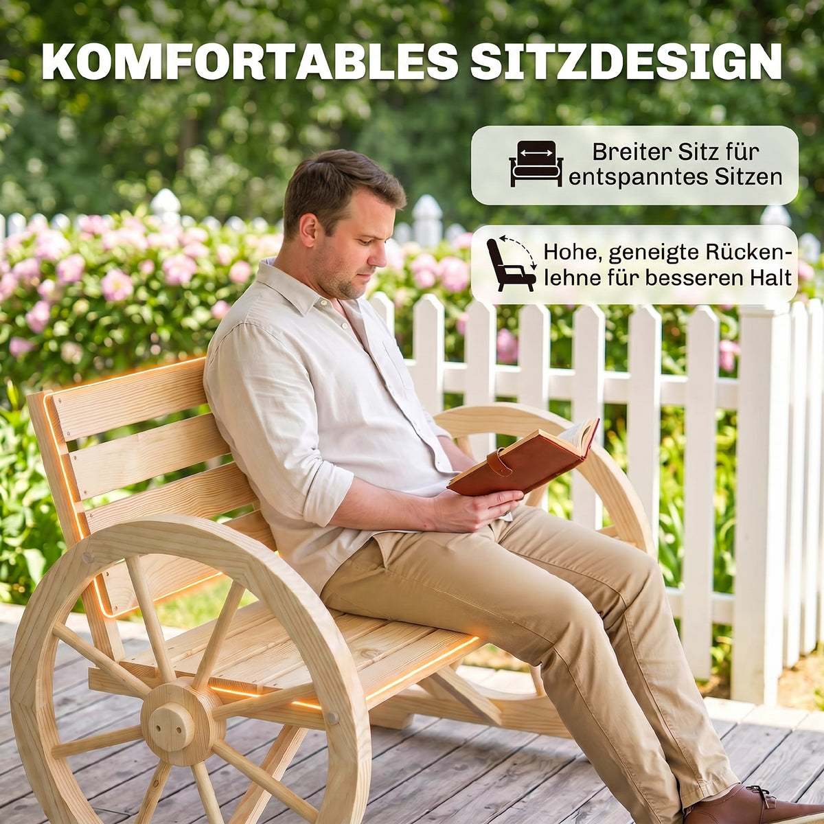Gartenbank aus Tannenholz im Wagenrad-Design