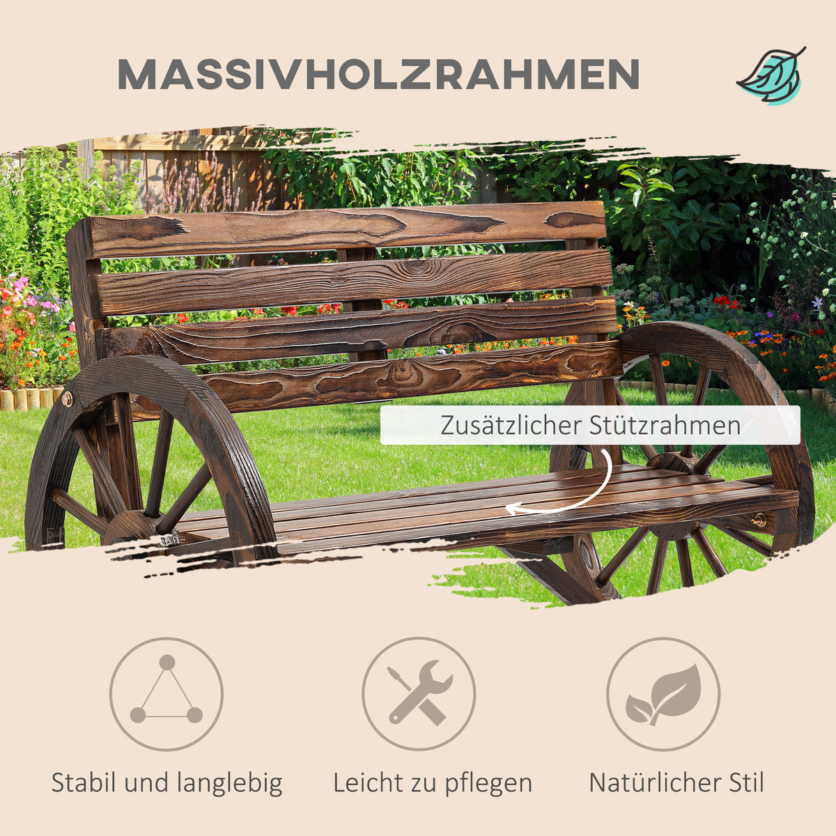 Gartenbank aus Tannenholz im Wagenrad-Design