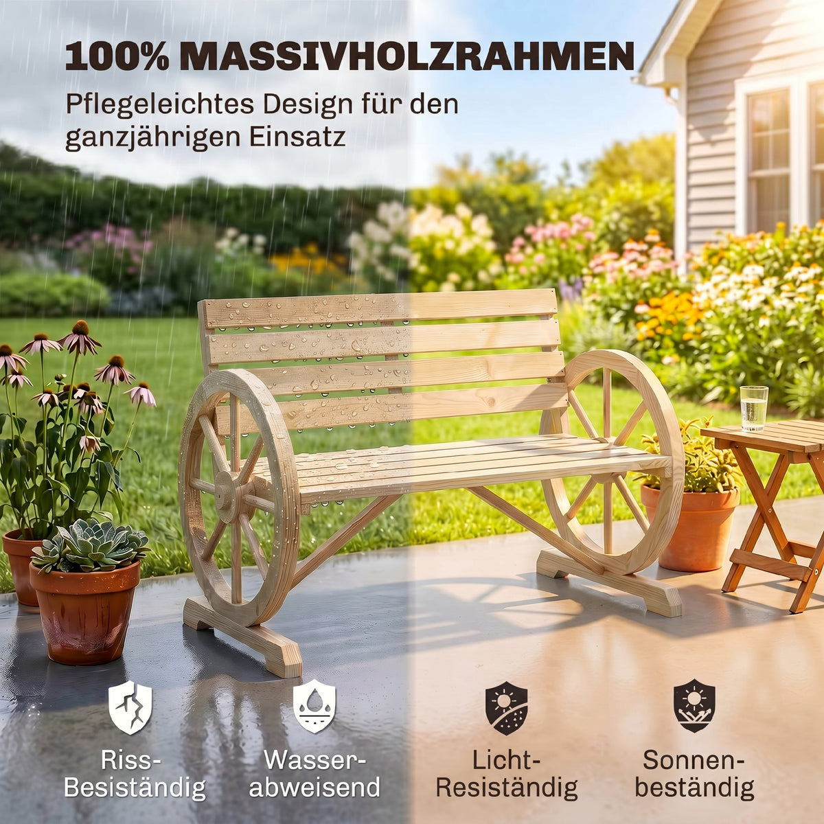 Gartenbank aus Tannenholz im Wagenrad-Design