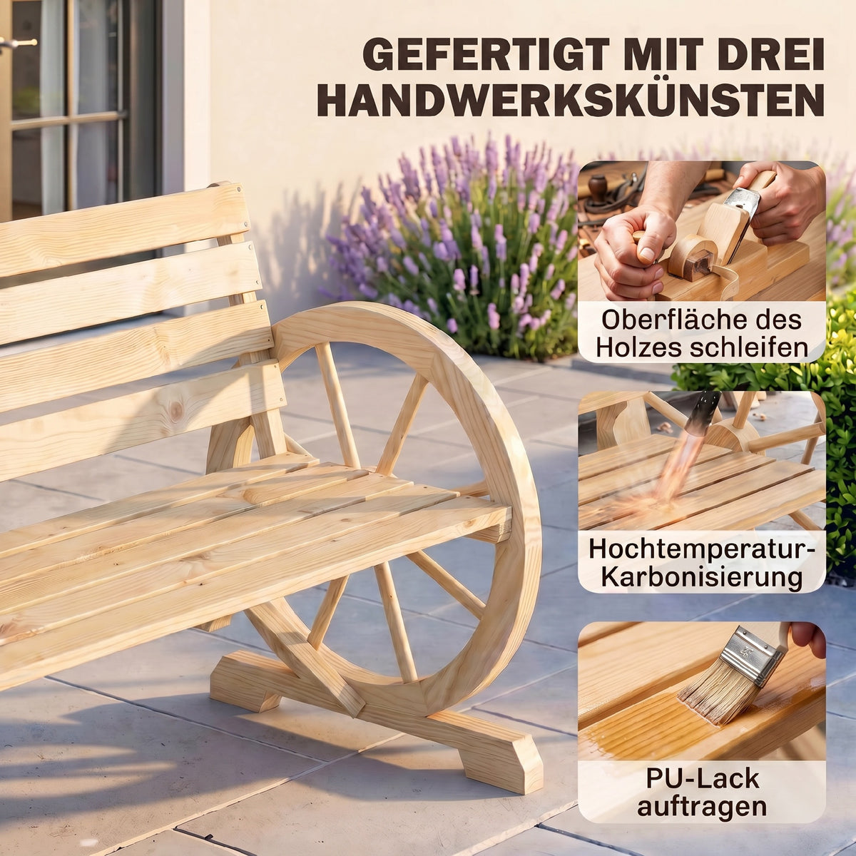 Gartenbank aus Tannenholz im Wagenrad-Design