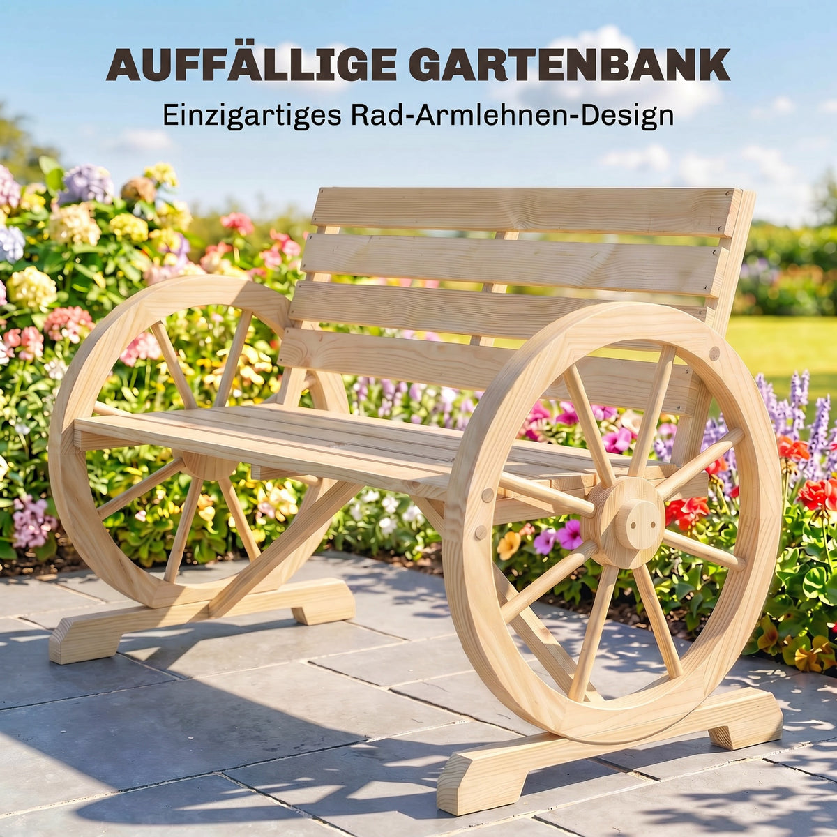 Gartenbank aus Tannenholz im Wagenrad-Design