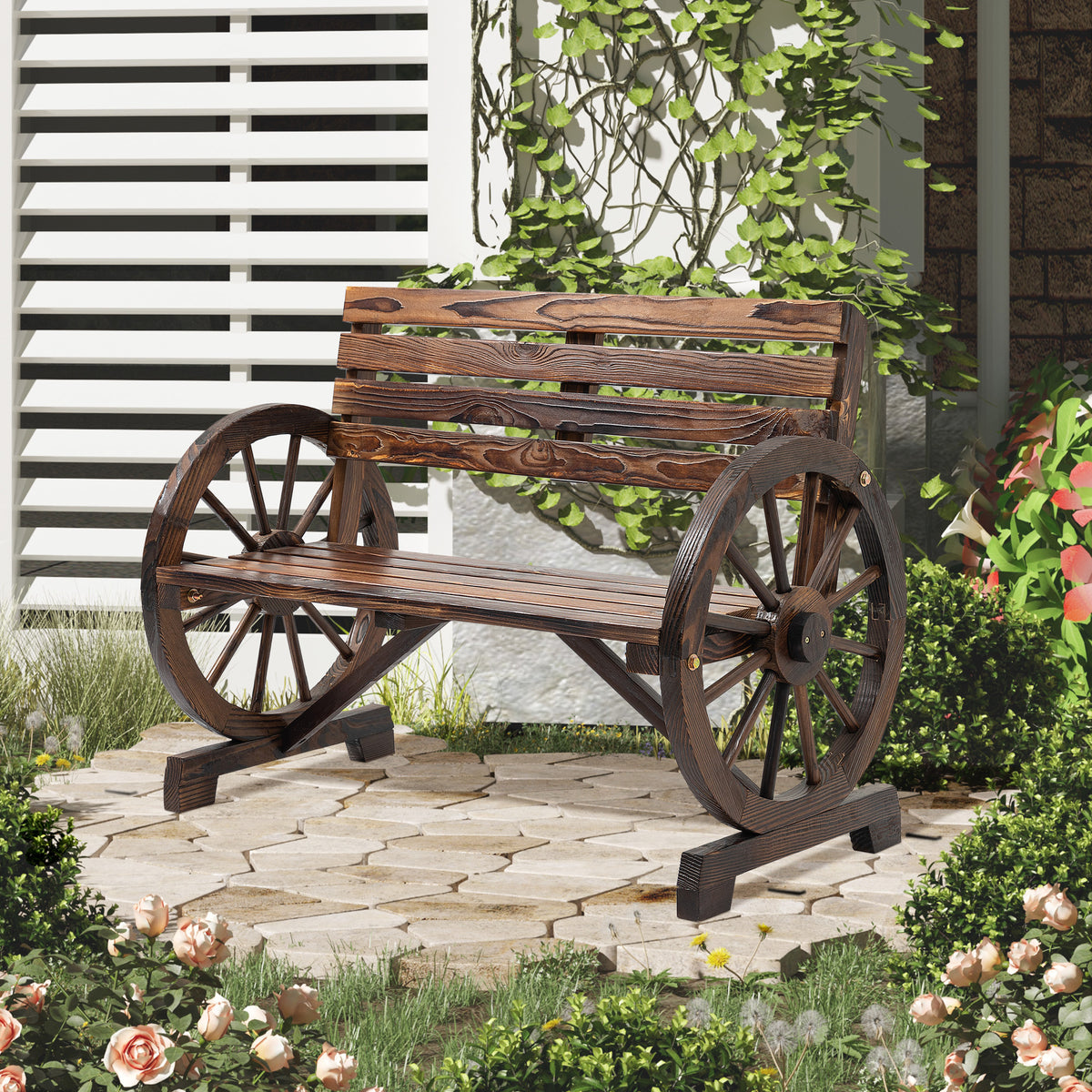 Gartenbank aus Tannenholz im Wagenrad-Design