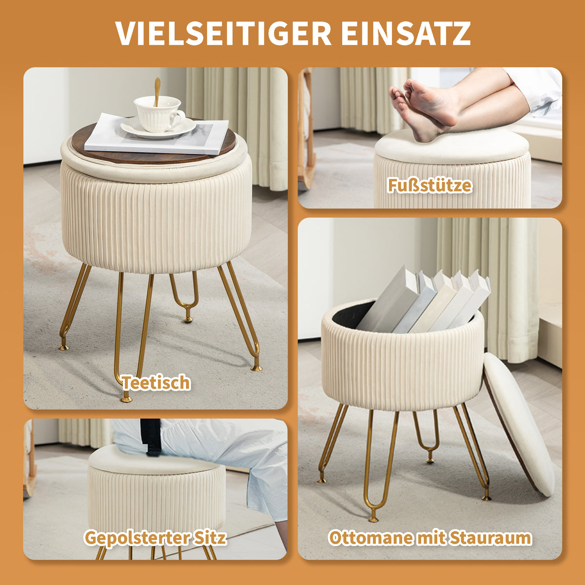 Runder Aufbewahrungshocker mit Klappdeckel und Metallbeinen