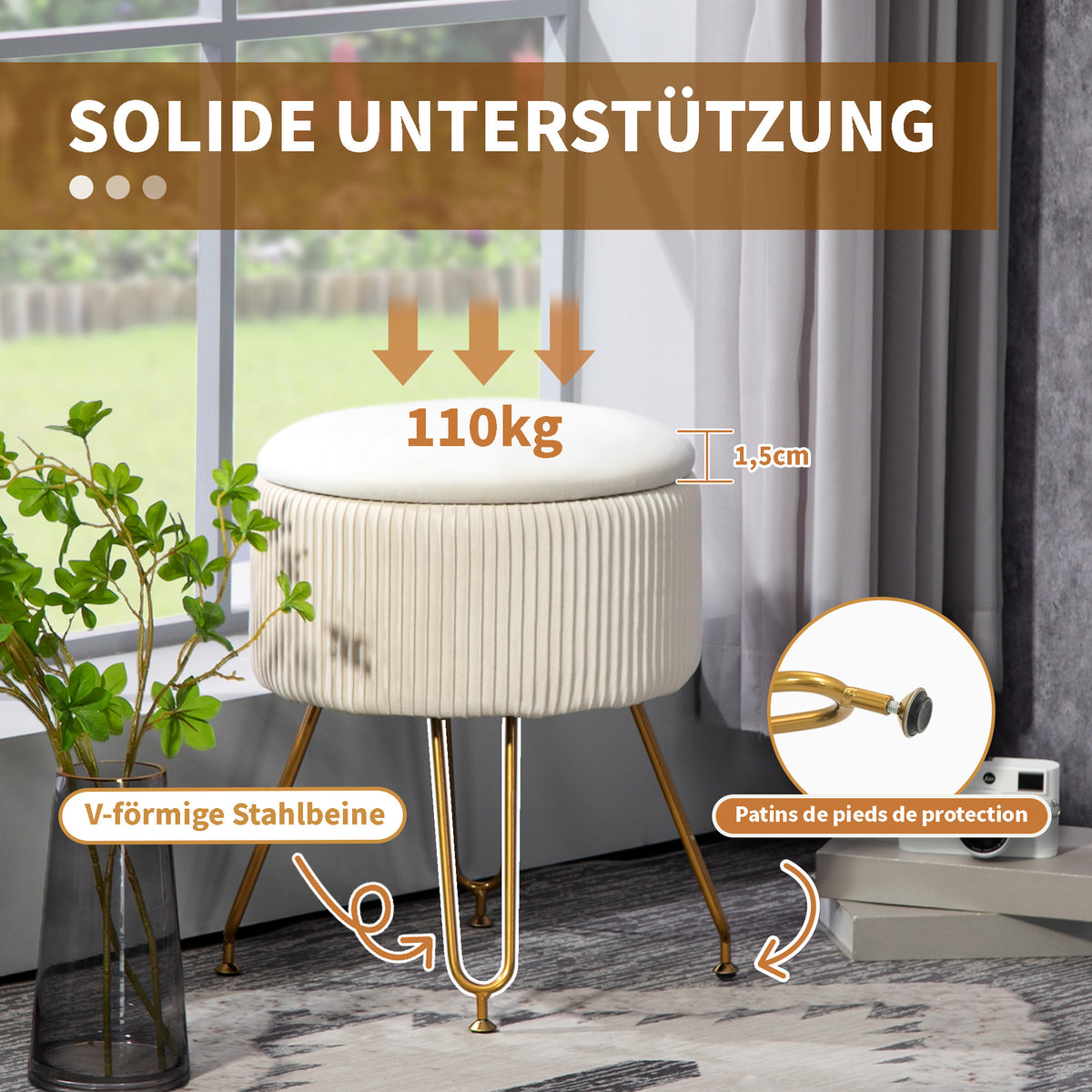 Runder Aufbewahrungshocker mit Klappdeckel und Metallbeinen