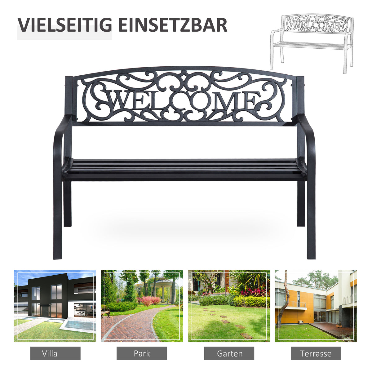 Metall-Gartenbank für zwei Personen mit dekorativer Rückenlehne
