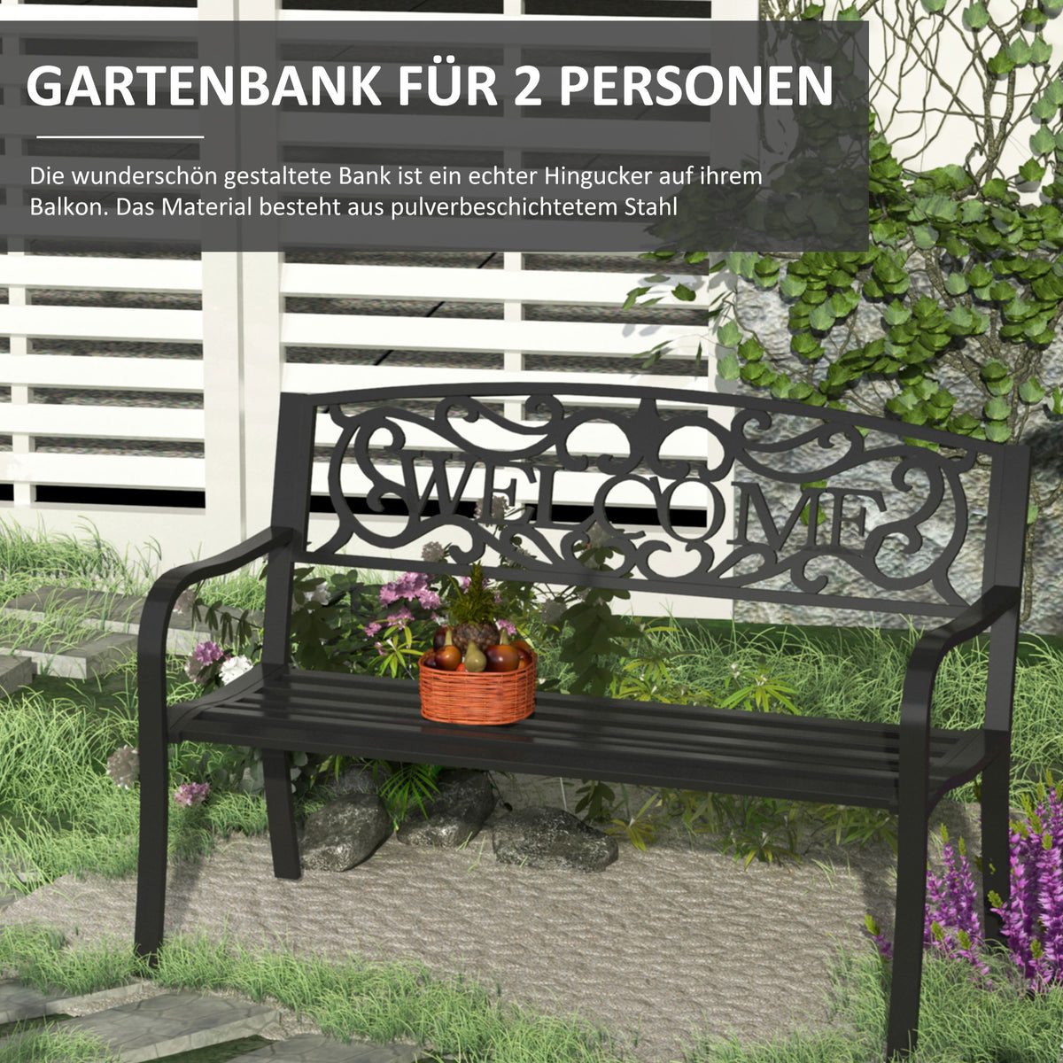 Metall-Gartenbank für zwei Personen mit dekorativer Rückenlehne