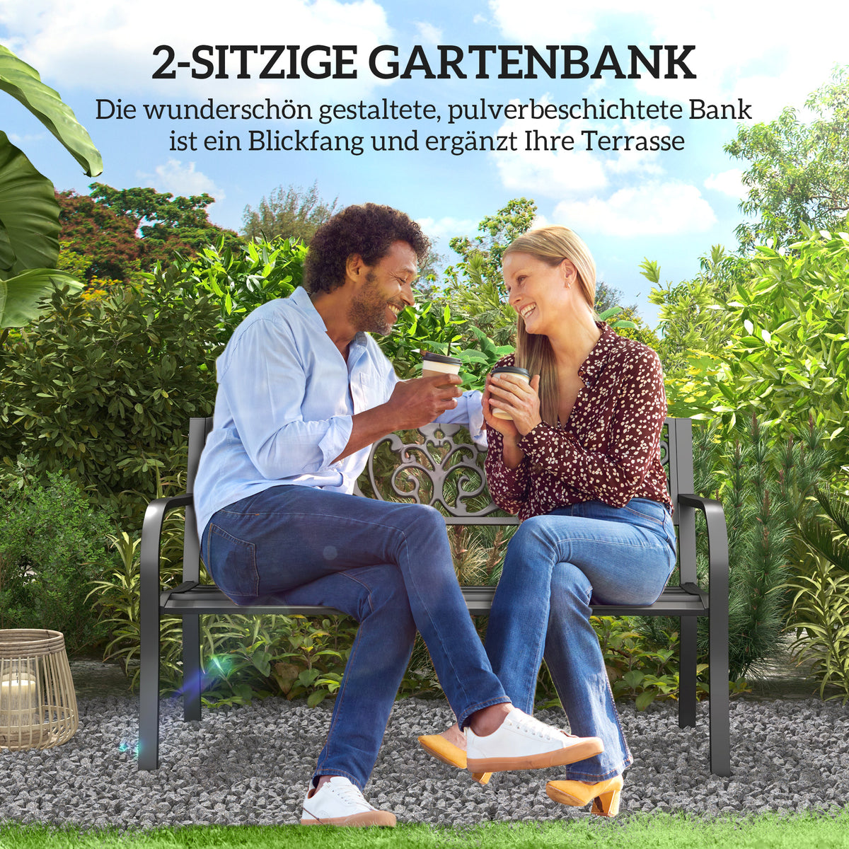 Metall-Gartenbank für zwei Personen mit dekorativer Rückenlehne
