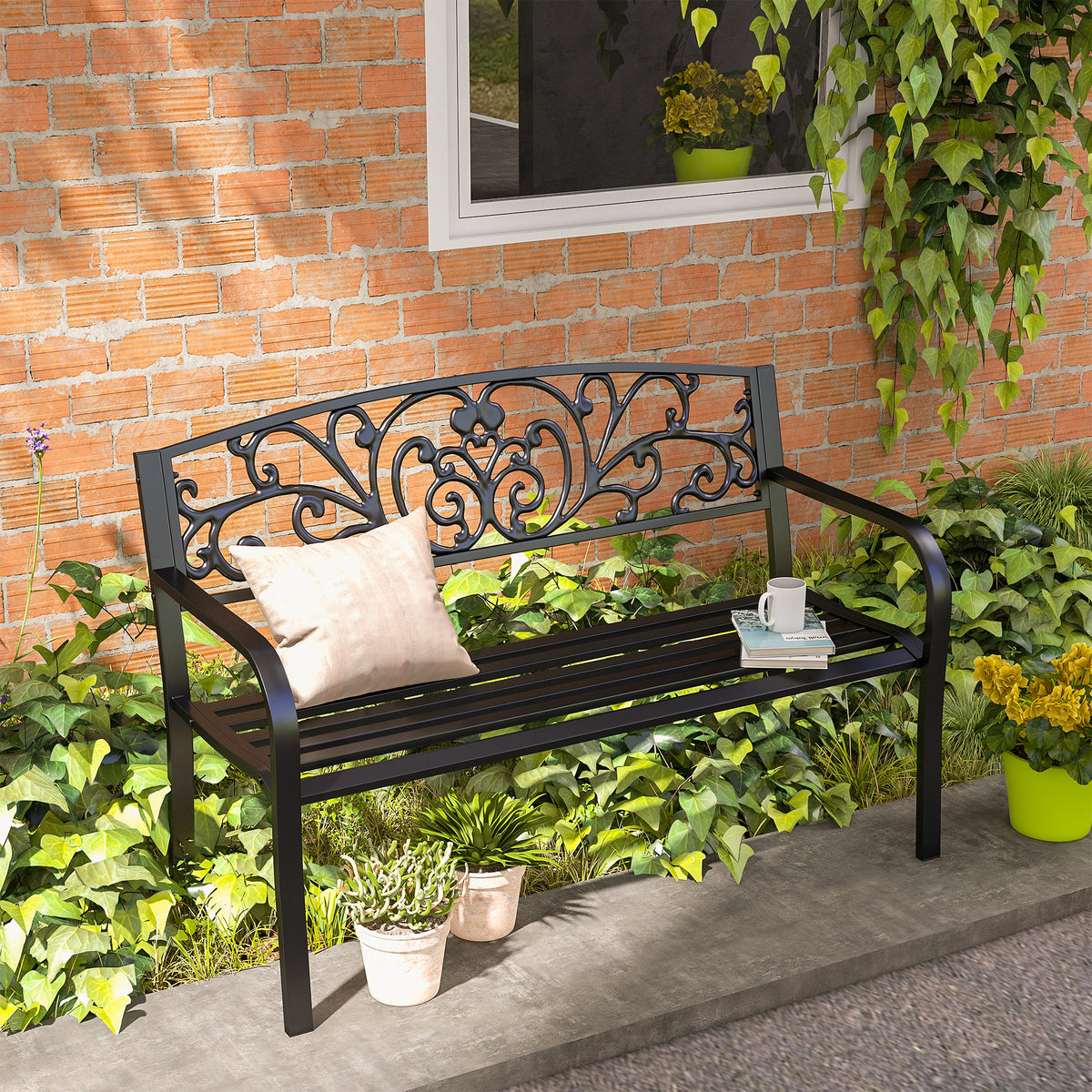 Metall-Gartenbank für zwei Personen mit dekorativer Rückenlehne