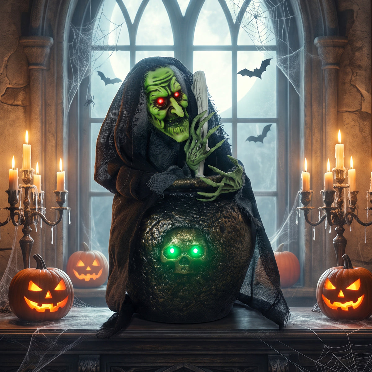 Animierte Halloween-Tischhexe mit Licht und Sound