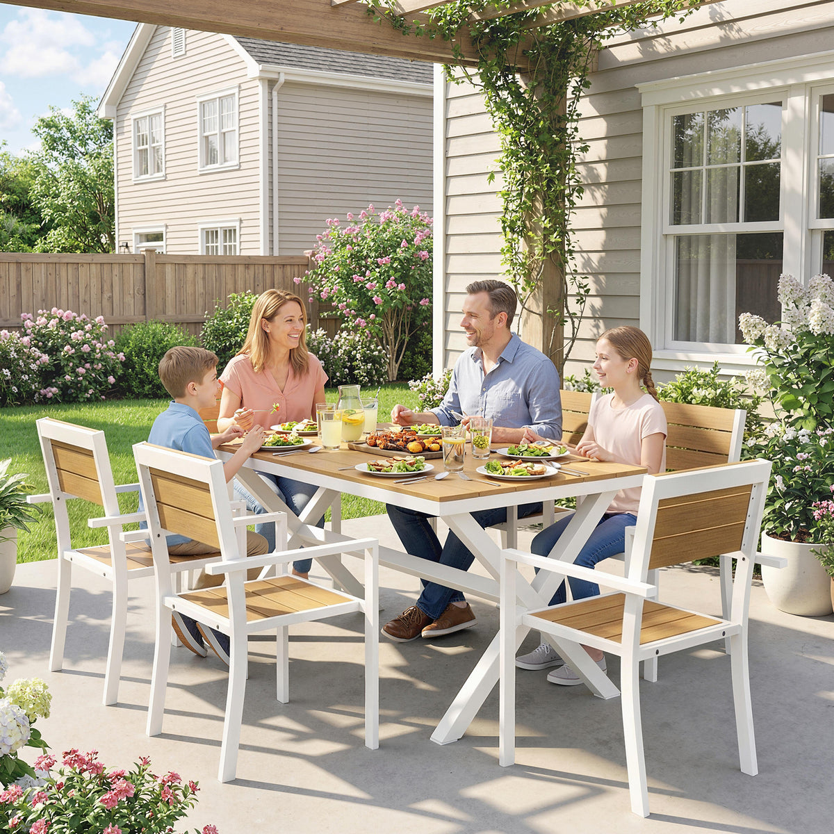 7-teiliges Gartenmöbel-Set mit 6 stapelbaren Stühlen