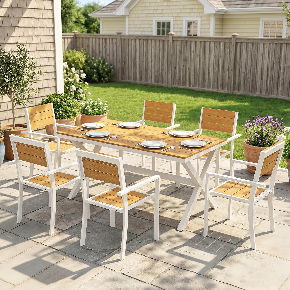 7-teiliges Gartenmöbel-Set mit 6 stapelbaren Stühlen