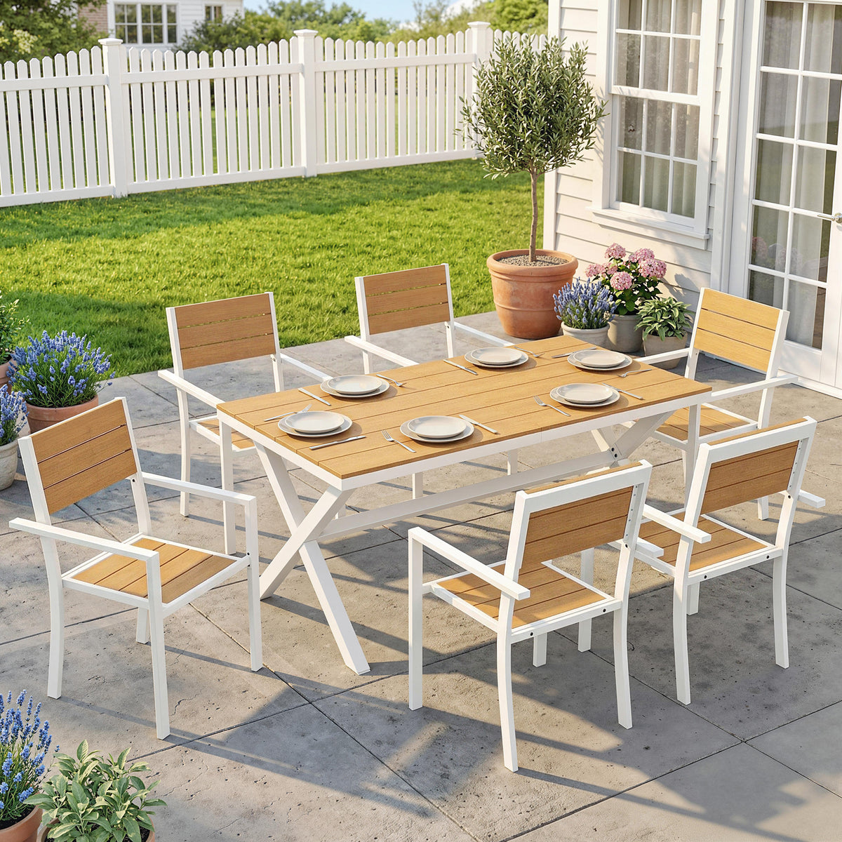 7-teiliges Gartenmöbel-Set mit 6 stapelbaren Stühlen
