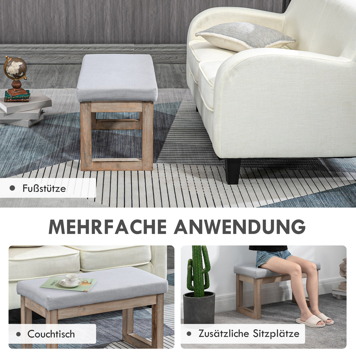 Gepolsterte Fußbank im Skandi-Design mit Holzbeinen