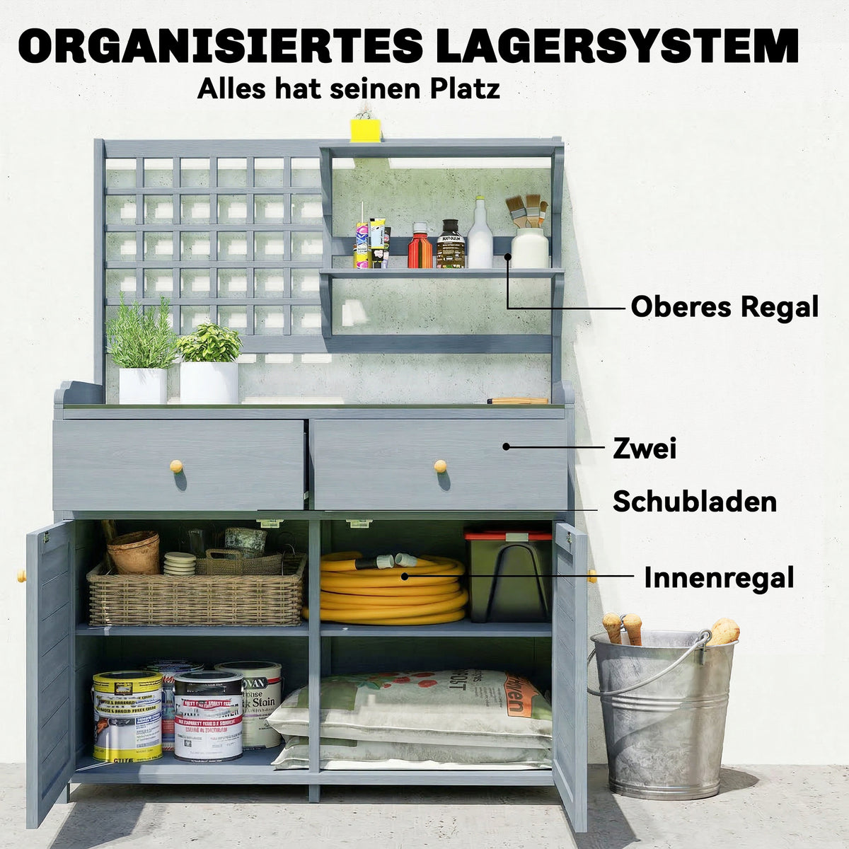 Pflanztisch aus Tannenholz mit Stauraum
