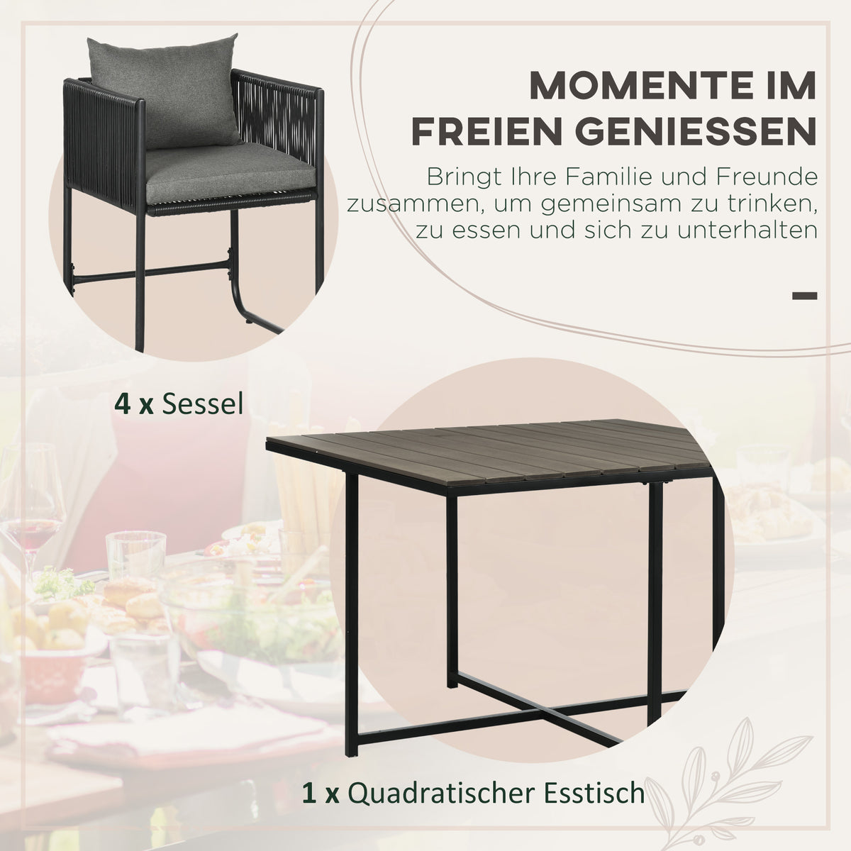5-teiliges Polyrattan-Gartenmöbelset mit Sitzkissen