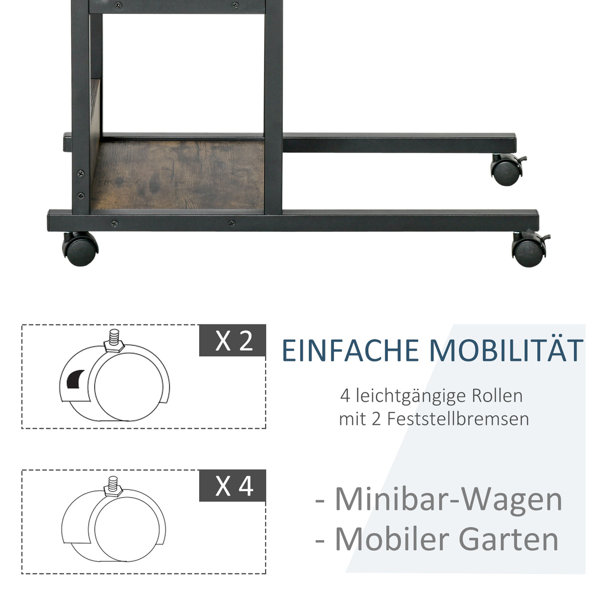 C-förmiger Beistelltisch mit Rollen und Ablagen
