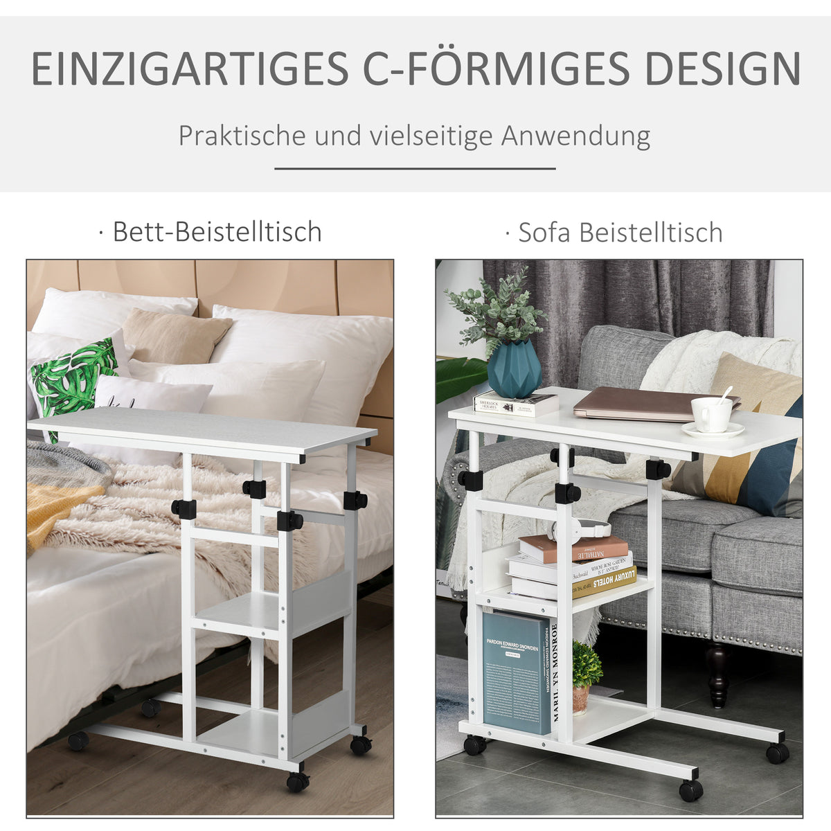 C-förmiger Beistelltisch mit Rollen und Ablagen