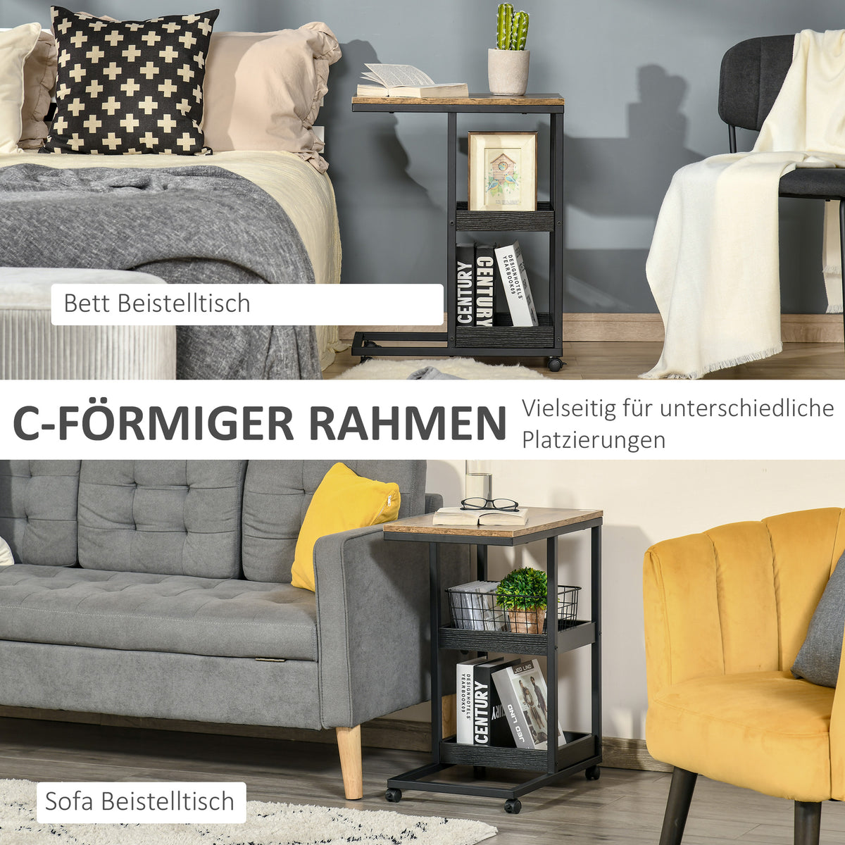 C-förmiger Beistelltisch mit Rollen und Ablagen