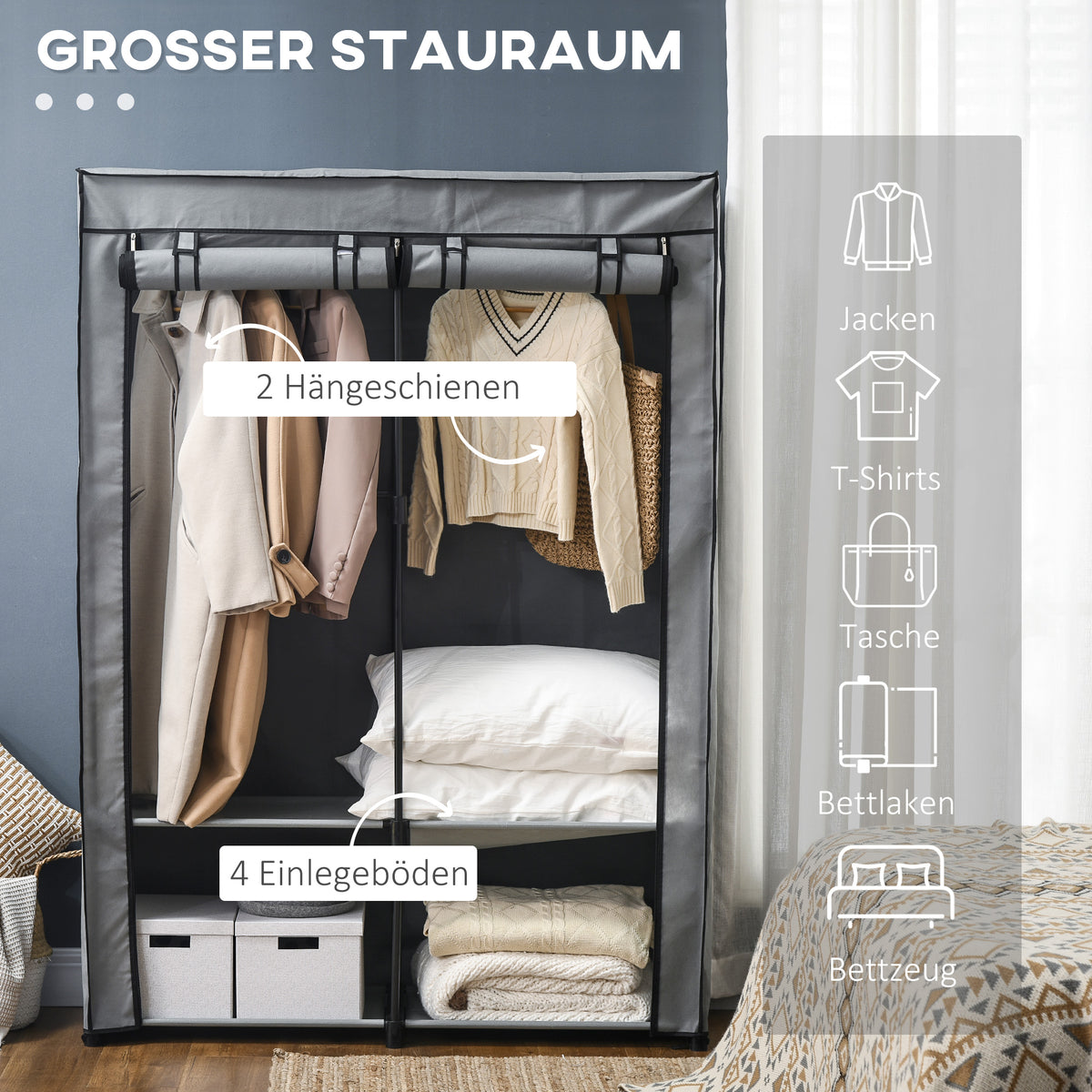 Stoffschrank mit Kleiderstange und Einlegeböden