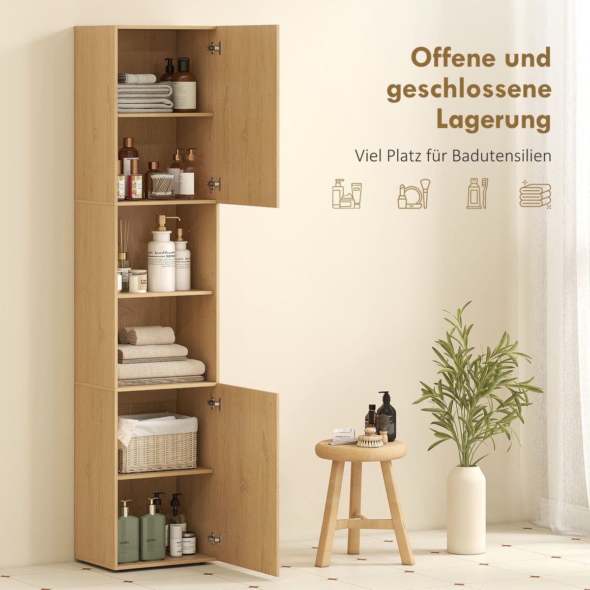 Schmaler Badezimmerschrank mit offenen Ablagen