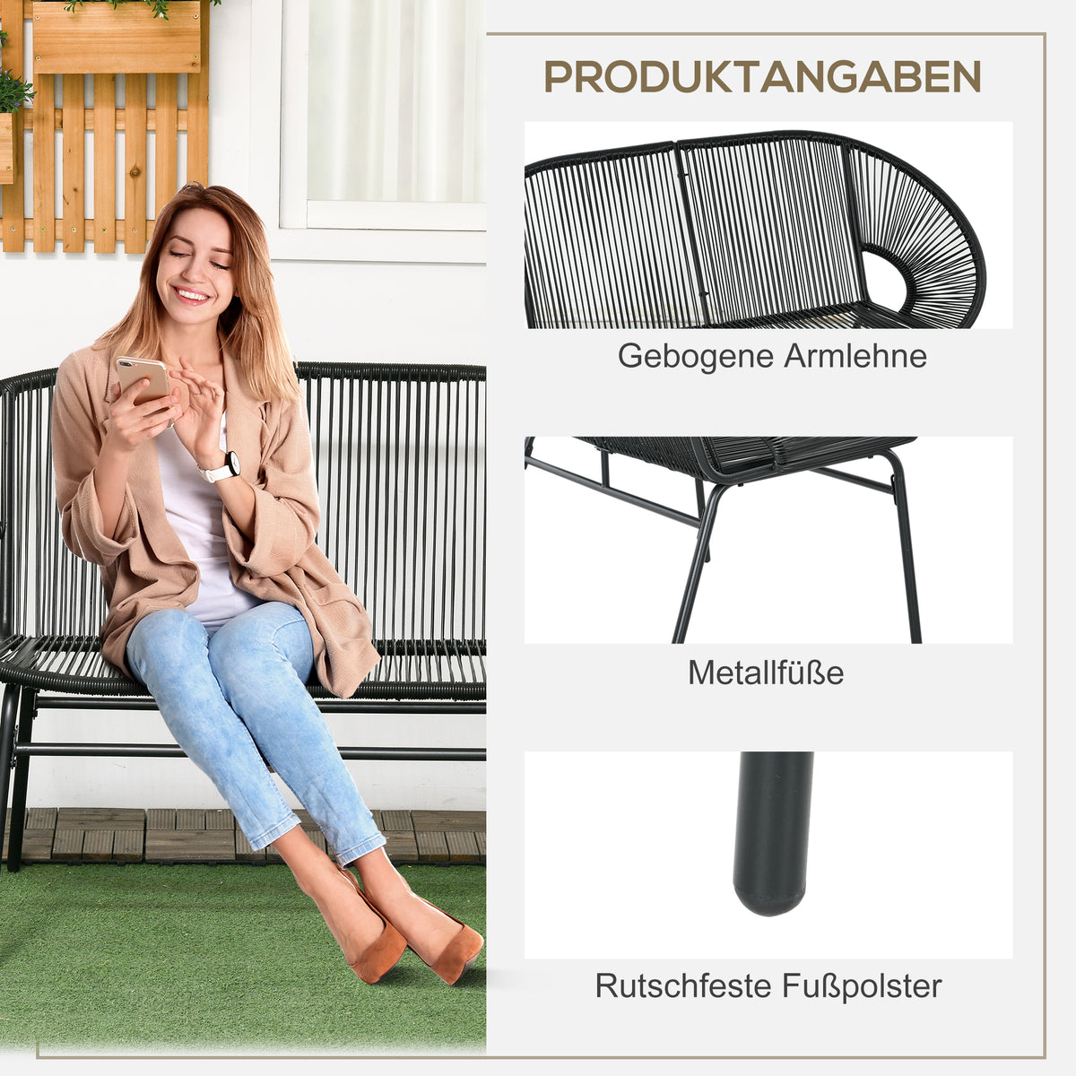 Gartenbank aus PE-Rattan für zwei Personen