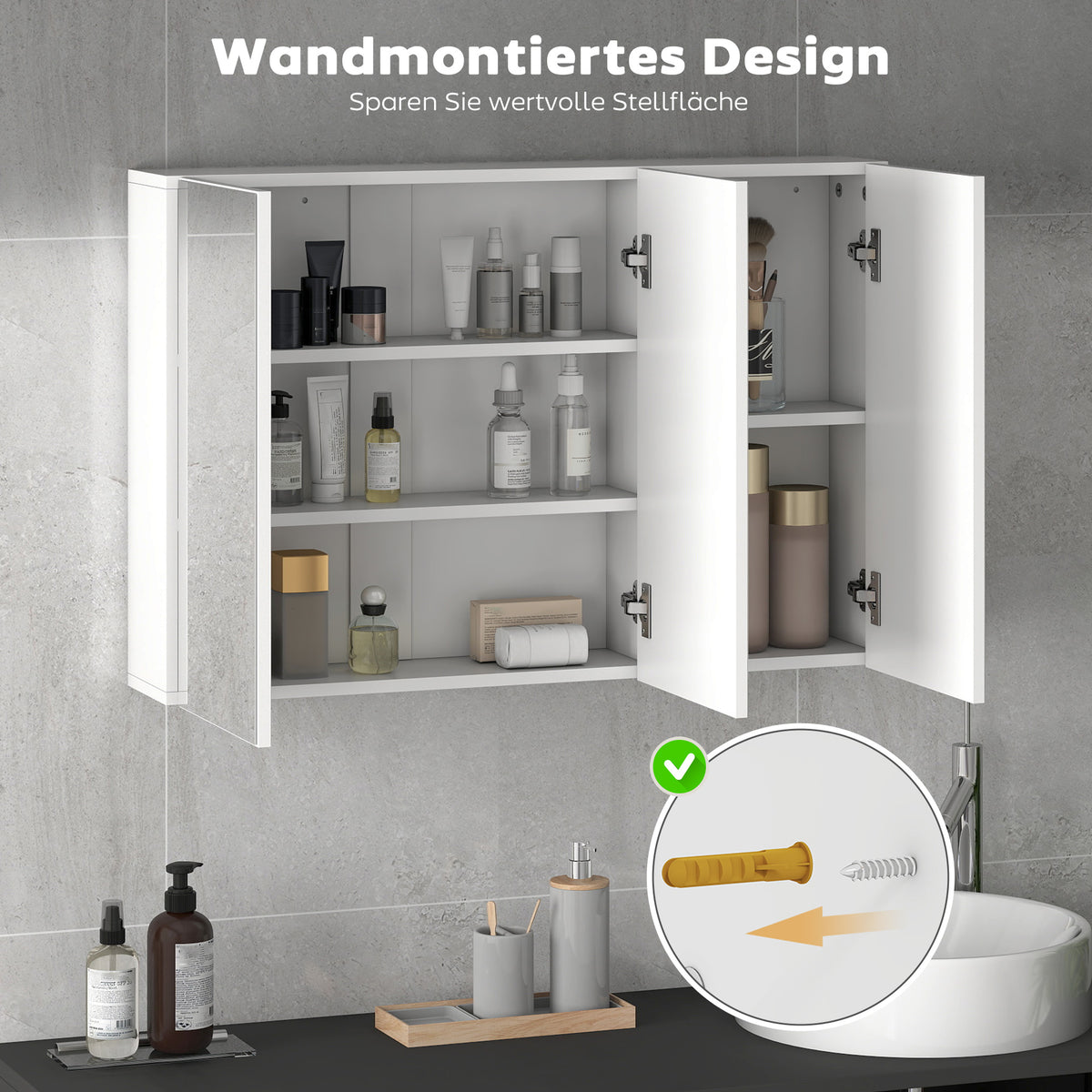Badezimmerspiegelschrank mit 3 Türen und 5 Fächern