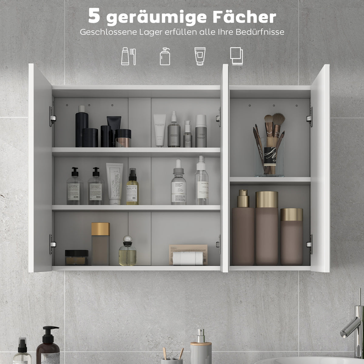 Badezimmerspiegelschrank mit 3 Türen und 5 Fächern