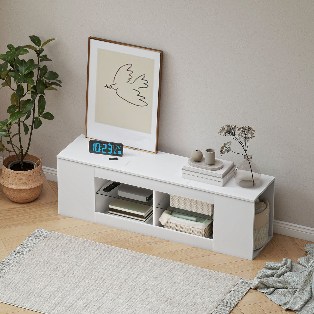 TV-Lowboard mit sechs Fächern und Glasregalen