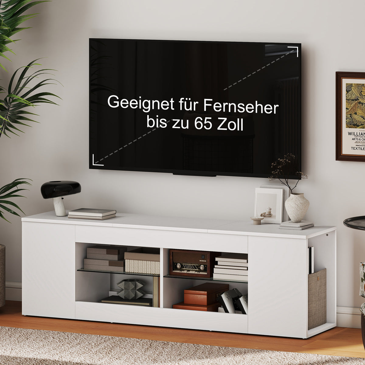 TV-Lowboard mit sechs Fächern und Glasregalen