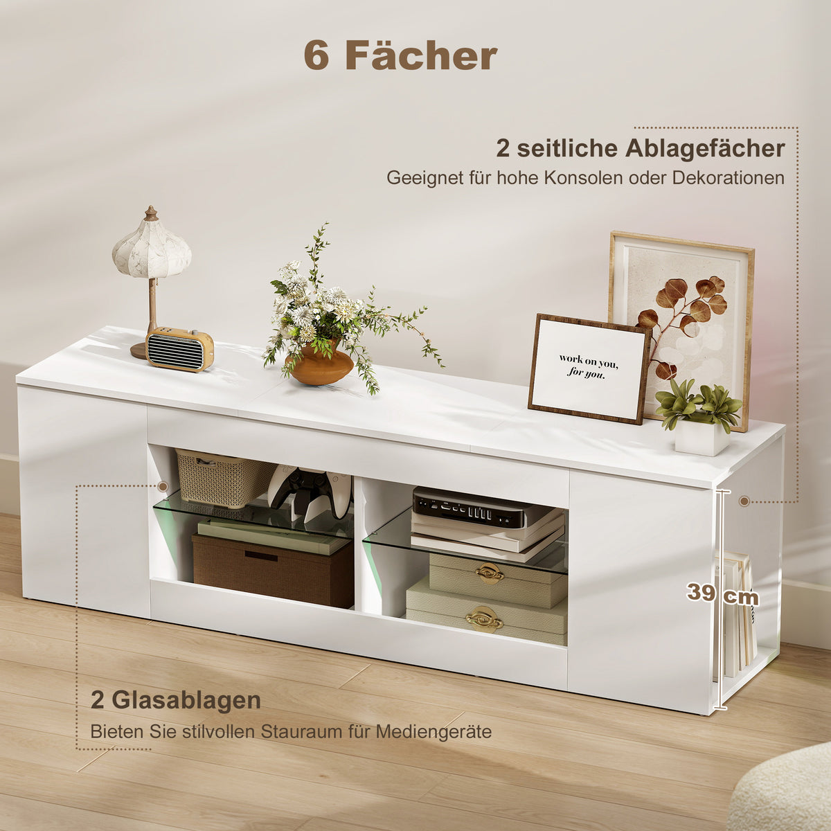 TV-Lowboard mit sechs Fächern und Glasregalen