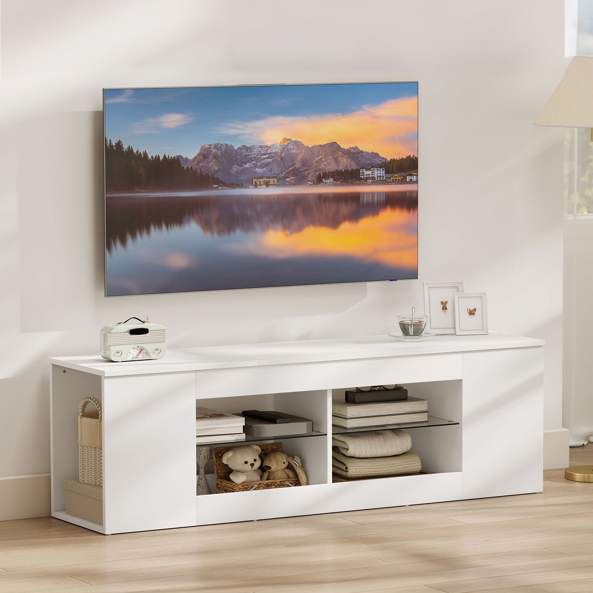 TV-Lowboard mit sechs Fächern und Glasregalen